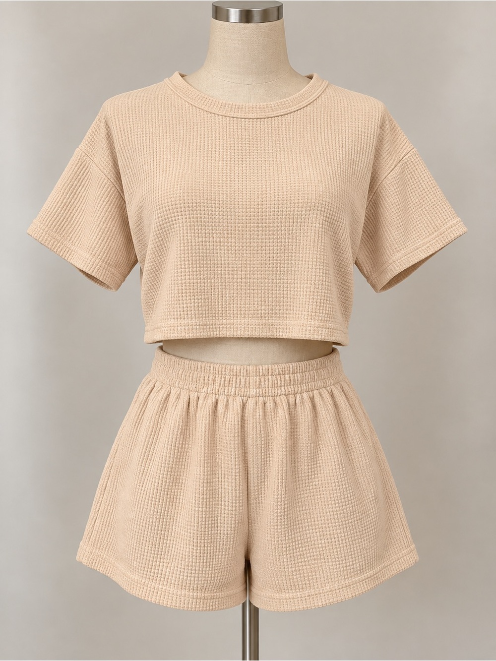 Fabletics Light Cream V-Neck Cropped Knit Top & Shorts Set